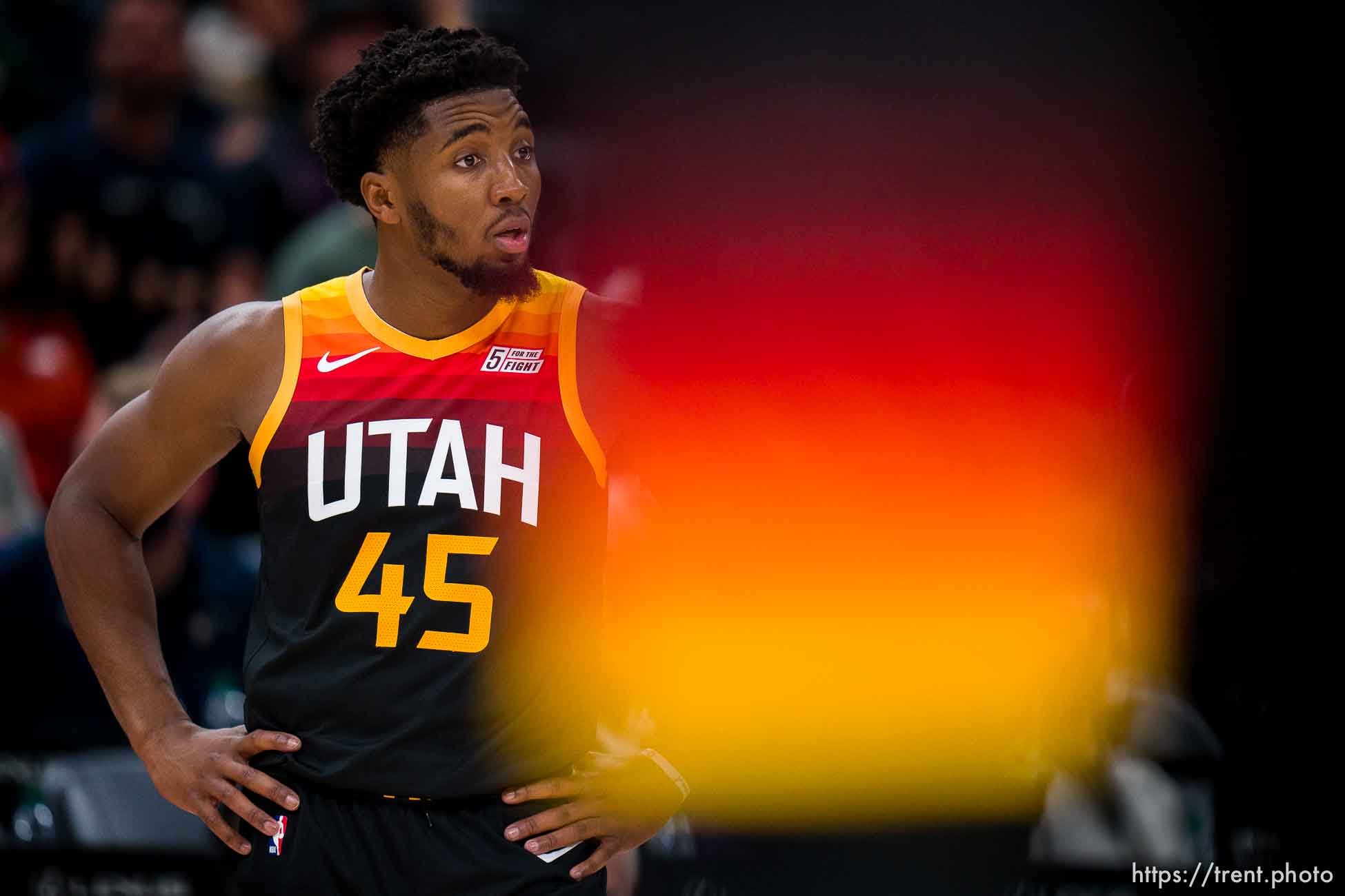 (Trent Nelson  |  The Salt Lake Tribune) Utah Jazz guard Donovan Mitchell (45) as the Utah Jazz host the Oklahoma City Thunder, NBA basketball in Salt Lake City on Wednesday, Oct. 20, 2021.