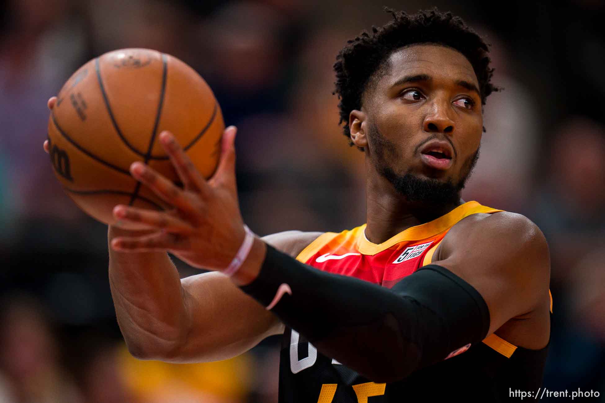 (Trent Nelson  |  The Salt Lake Tribune) Utah Jazz guard Donovan Mitchell (45) as the Utah Jazz host the Oklahoma City Thunder, NBA basketball in Salt Lake City on Wednesday, Oct. 20, 2021.