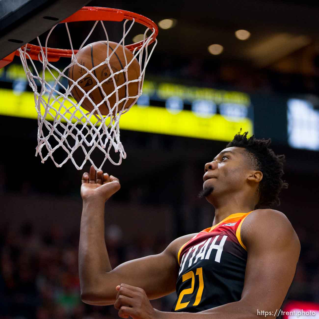 (Trent Nelson  |  The Salt Lake Tribune) Utah Jazz center Hassan Whiteside (21) as the Utah Jazz host the Oklahoma City Thunder, NBA basketball in Salt Lake City on Wednesday, Oct. 20, 2021.