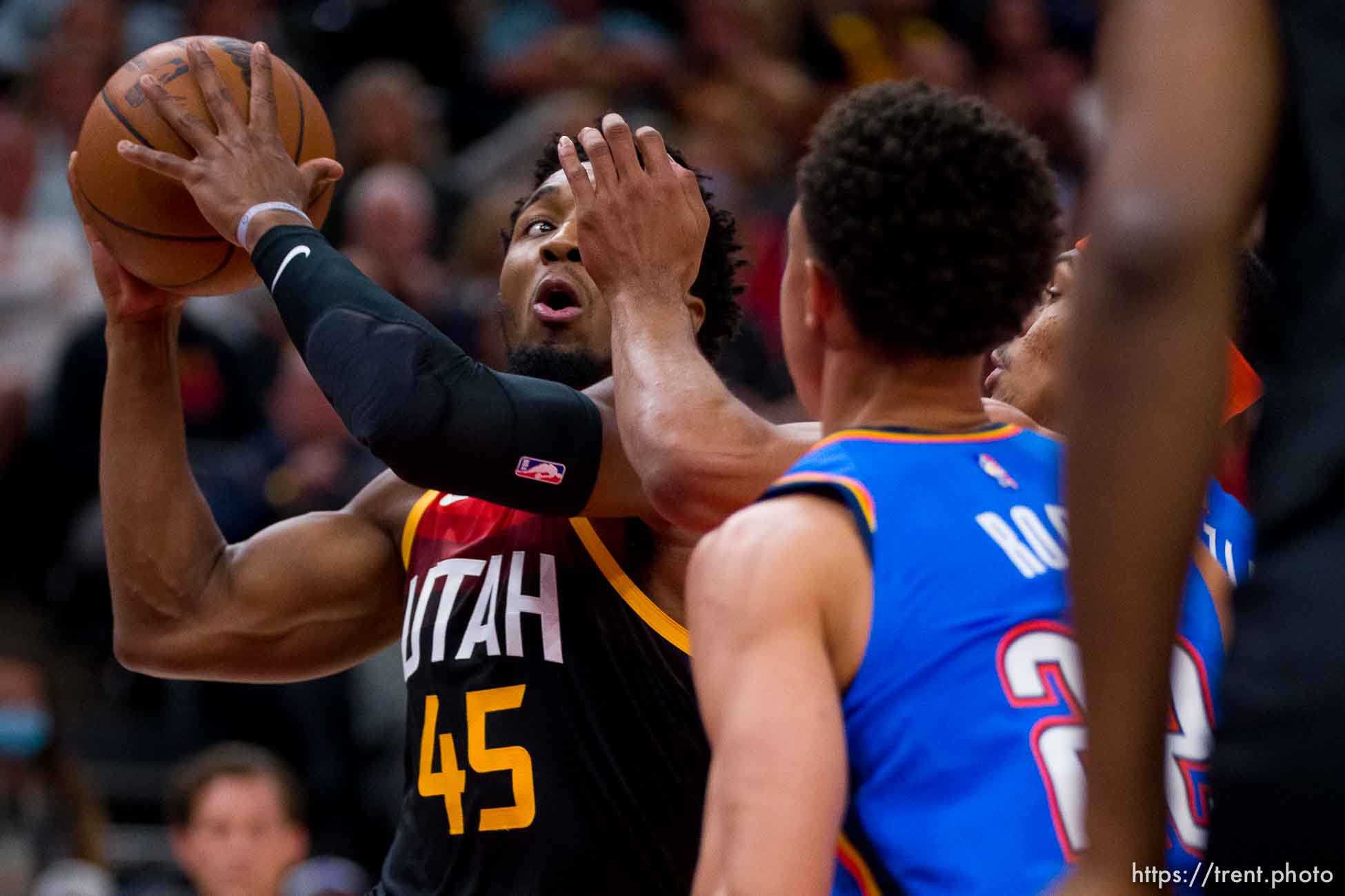 (Trent Nelson  |  The Salt Lake Tribune) Utah Jazz guard Donovan Mitchell (45) as the Utah Jazz host the Oklahoma City Thunder, NBA basketball in Salt Lake City on Wednesday, Oct. 20, 2021.