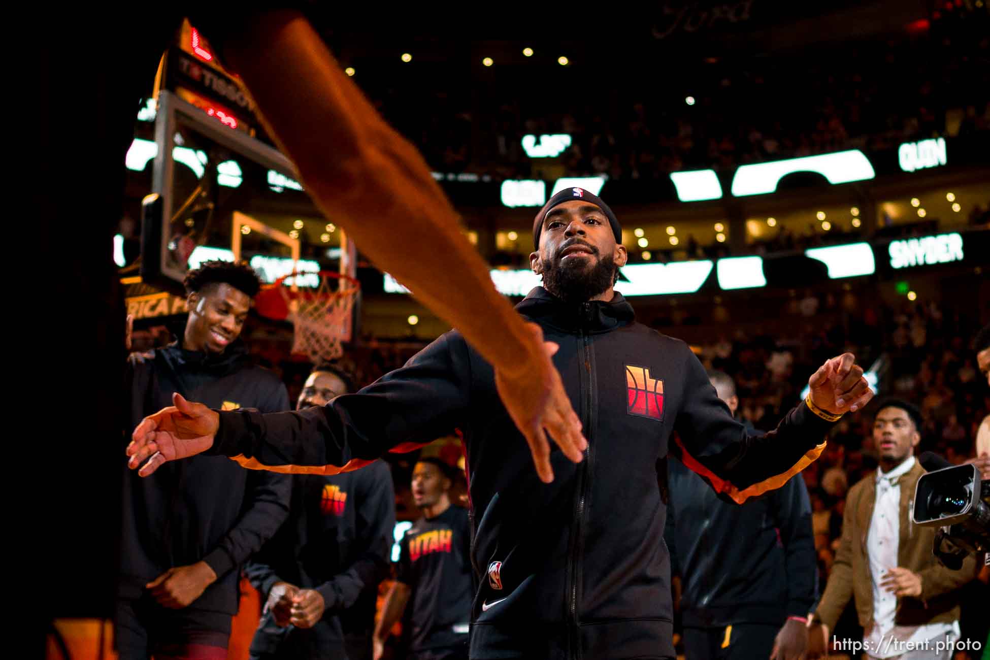 (Trent Nelson  |  The Salt Lake Tribune) Utah Jazz guard Mike Conley (11) takes the court as the Utah Jazz host the Oklahoma City Thunder, NBA basketball in Salt Lake City on Wednesday, Oct. 20, 2021.