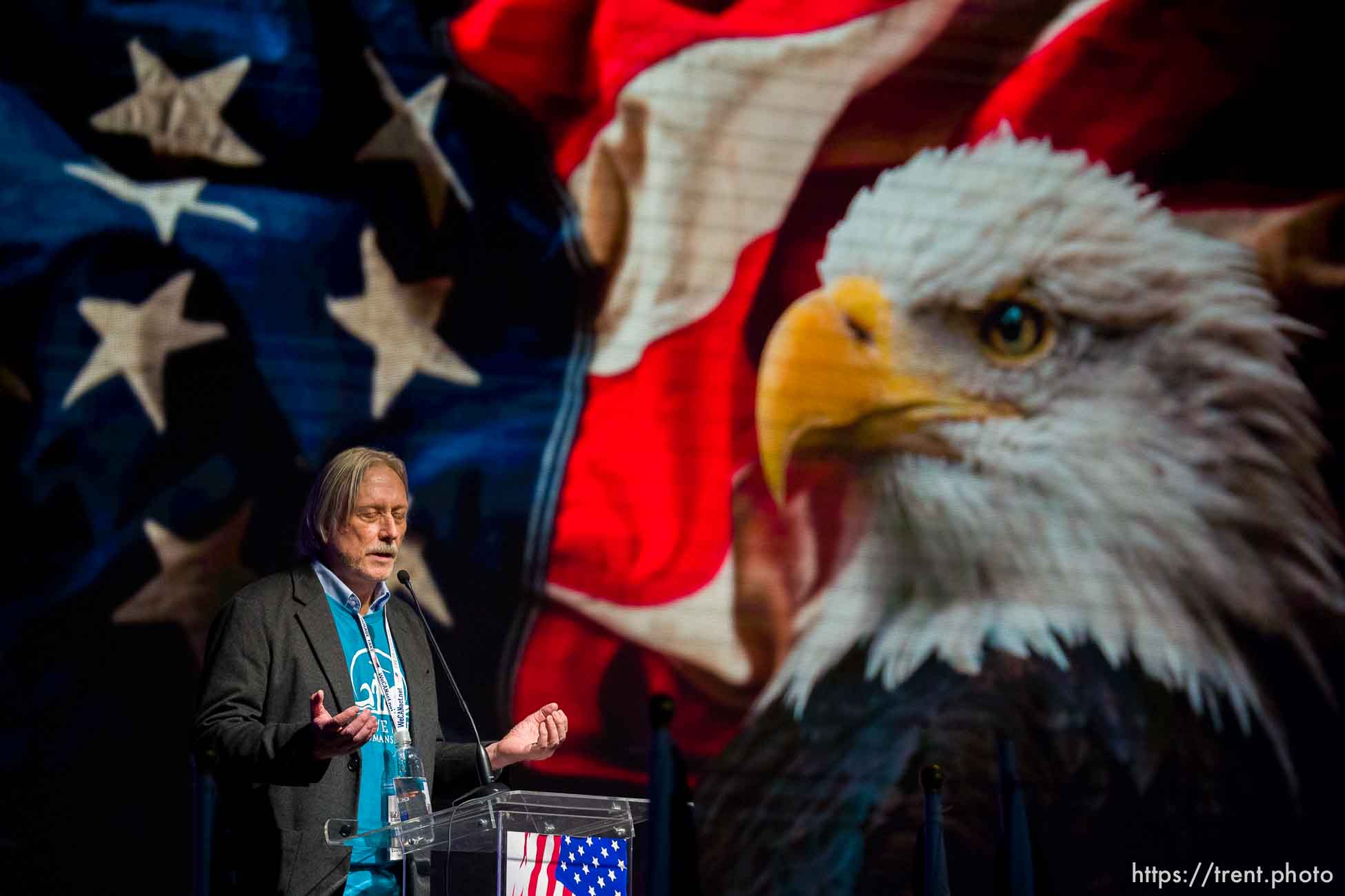 (Trent Nelson  |  The Salt Lake Tribune) The opening prayer at the WeCANact Liberty Conference, held at the Salt Palace Convention Center in Salt Lake City on Friday, Oct. 22, 2021.