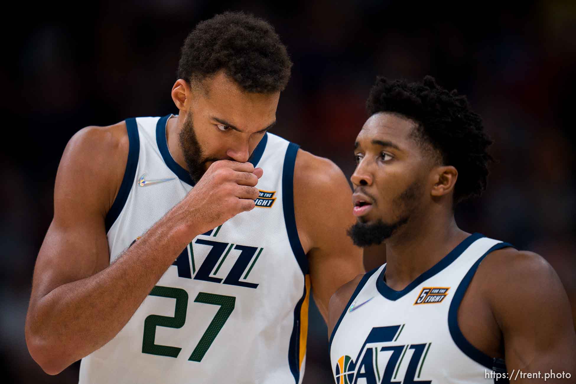 (Trent Nelson  |  The Salt Lake Tribune) Utah Jazz center Rudy Gobert (27) confers with Utah Jazz guard Donovan Mitchell (45) as the Utah Jazz host the Denver Nuggets, NBA basketball in Salt Lake City on Tuesday, Oct. 26, 2021.