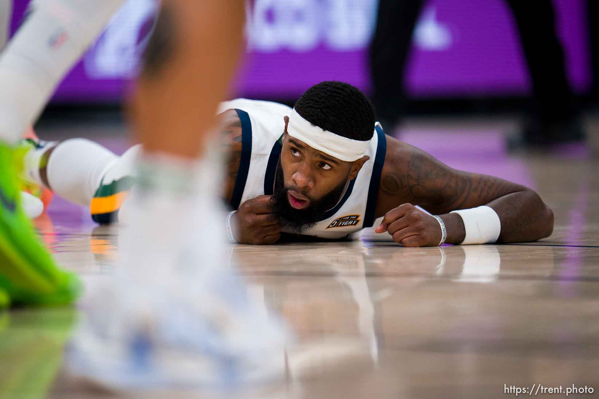 (Trent Nelson  |  The Salt Lake Tribune) Utah Jazz forward Royce O'Neale (23) as the Utah Jazz host the Denver Nuggets, NBA basketball in Salt Lake City on Tuesday, Oct. 26, 2021.