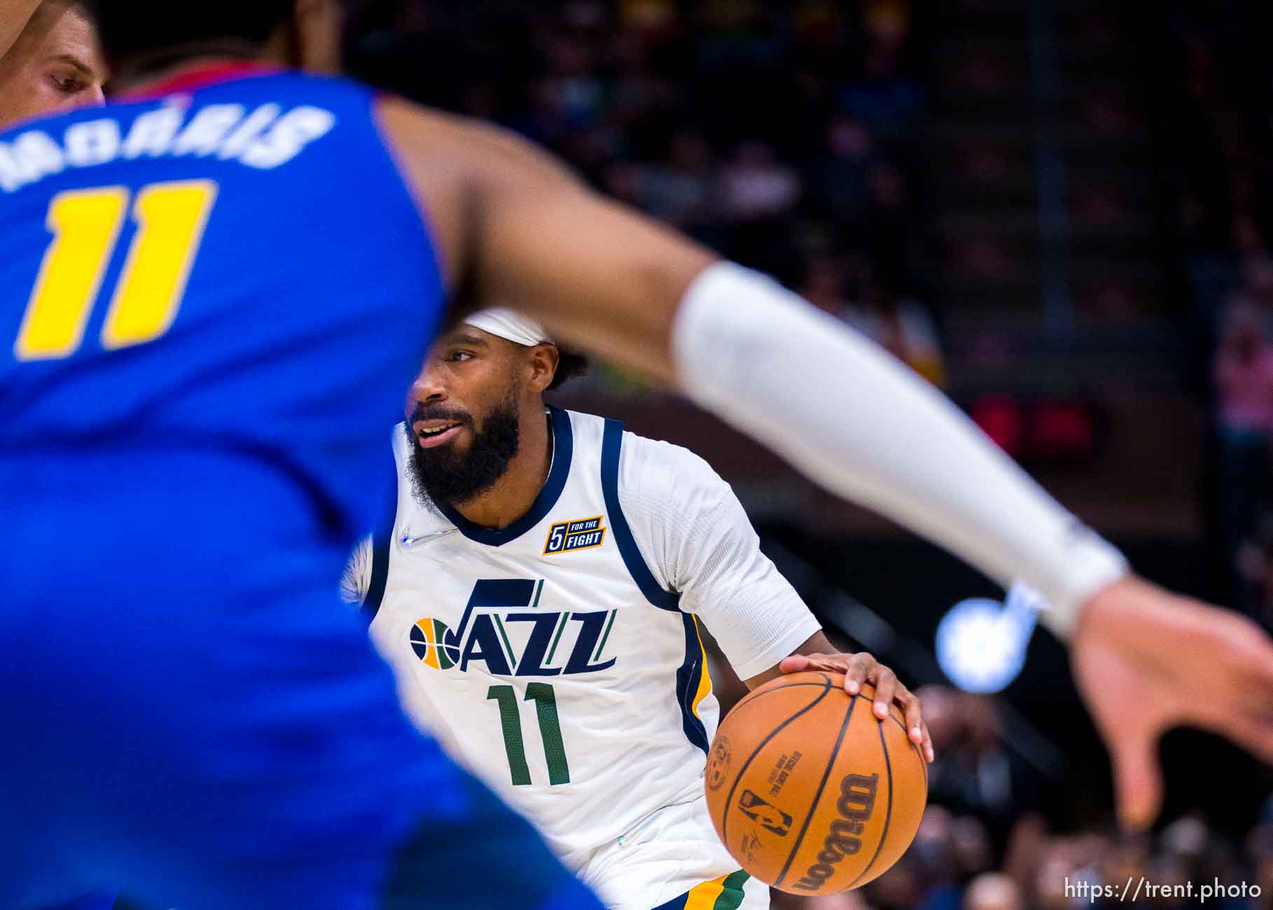 (Trent Nelson  |  The Salt Lake Tribune) Utah Jazz guard Mike Conley (11) as the Utah Jazz host the Denver Nuggets, NBA basketball in Salt Lake City on Tuesday, Oct. 26, 2021.