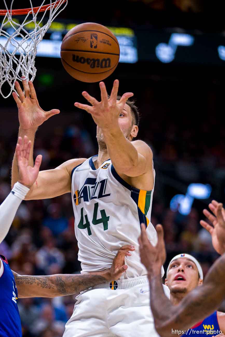 (Trent Nelson  |  The Salt Lake Tribune) Denver Nuggets guard Monte Morris (11), Utah Jazz forward Bojan Bogdanovic (44) as the Utah Jazz host the Denver Nuggets, NBA basketball in Salt Lake City on Tuesday, Oct. 26, 2021.