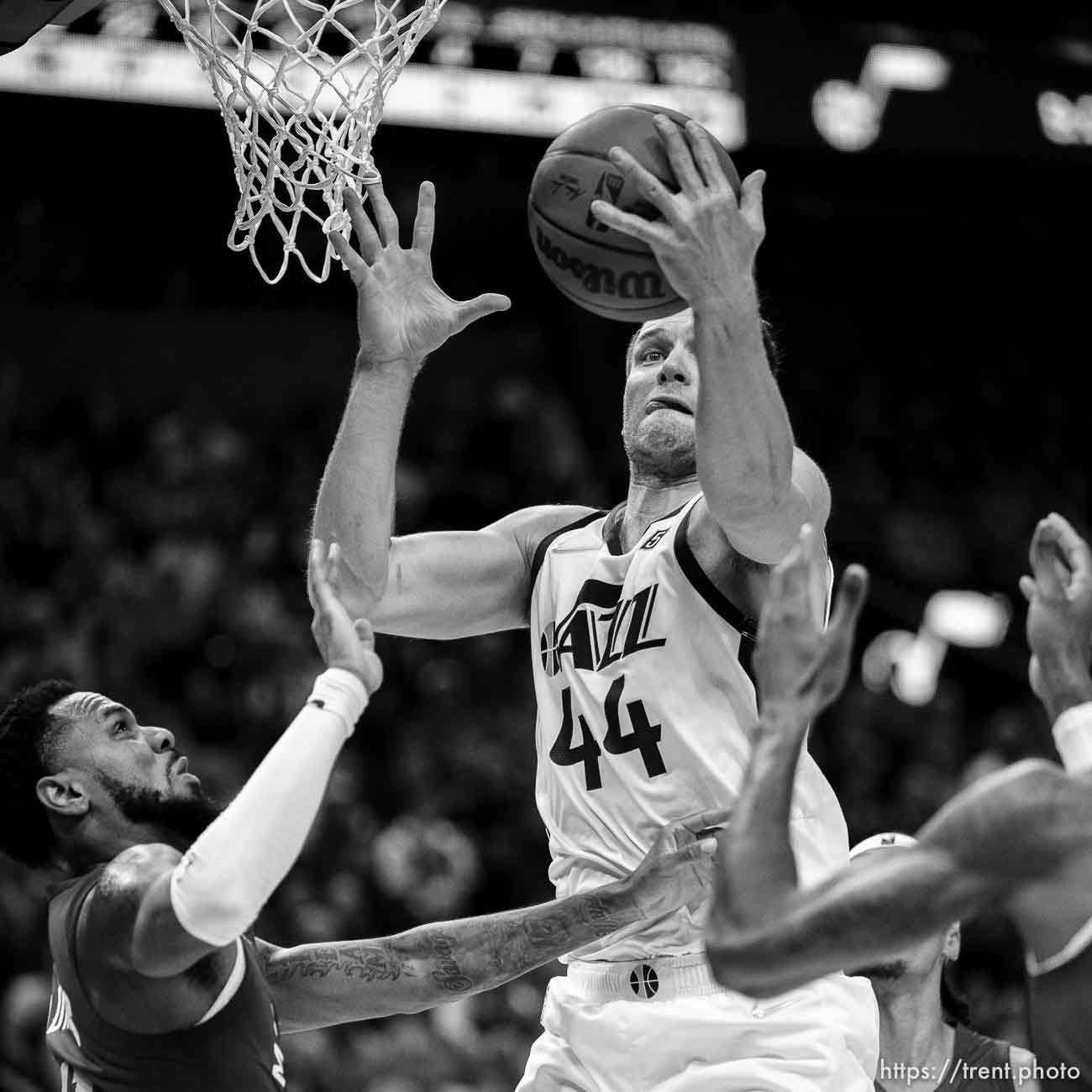 (Trent Nelson  |  The Salt Lake Tribune) Utah Jazz forward Bojan Bogdanovic (44) as the Utah Jazz host the Denver Nuggets, NBA basketball in Salt Lake City on Tuesday, Oct. 26, 2021.