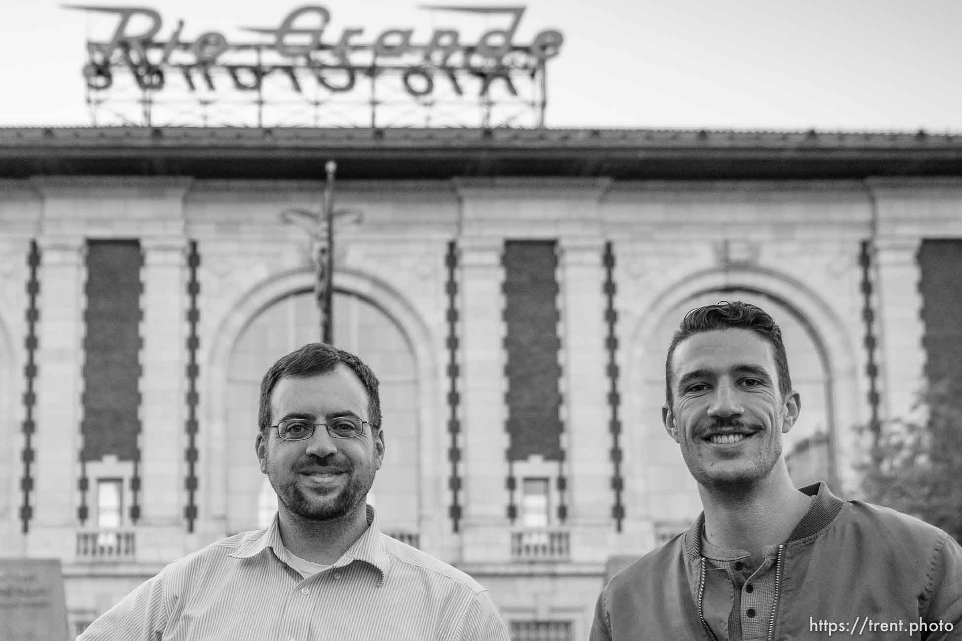 (Trent Nelson  |  The Salt Lake Tribune) Christian Lenhart and Cameron Blakely in front of the Rio Grande Depot in Salt Lake City on Thursday, Oct. 28, 2021. The two have developed what they call the Rio Grande Plan which would bury train tracks under 500 west and revitalize the Rio Grande Depot. This would free up numerous blocks for residential and commercial development.