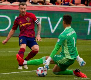 (Trent Nelson  |  The Salt Lake Tribune) Real Salt Lake midfielder Albert Rusnak (11) watches his shot go under San Jose Earthquakes goalkeeper JT Marcinkowski (1) for a goal as Real Salt Lake hosts San Jose Earthquakes, MLS Soccer in Sandy on Saturday, Oct. 30, 2021.