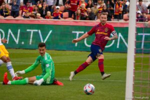 (Trent Nelson  |  The Salt Lake Tribune) Real Salt Lake midfielder Albert Rusnak (11) watches his shot go under San Jose Earthquakes goalkeeper JT Marcinkowski (1) for a goal as Real Salt Lake hosts San Jose Earthquakes, MLS Soccer in Sandy on Saturday, Oct. 30, 2021.