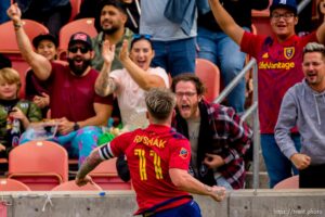 (Trent Nelson  |  The Salt Lake Tribune) Real Salt Lake midfielder Albert Rusnak (11) celebrates a goal as Real Salt Lake hosts San Jose Earthquakes, MLS Soccer in Sandy on Saturday, Oct. 30, 2021.