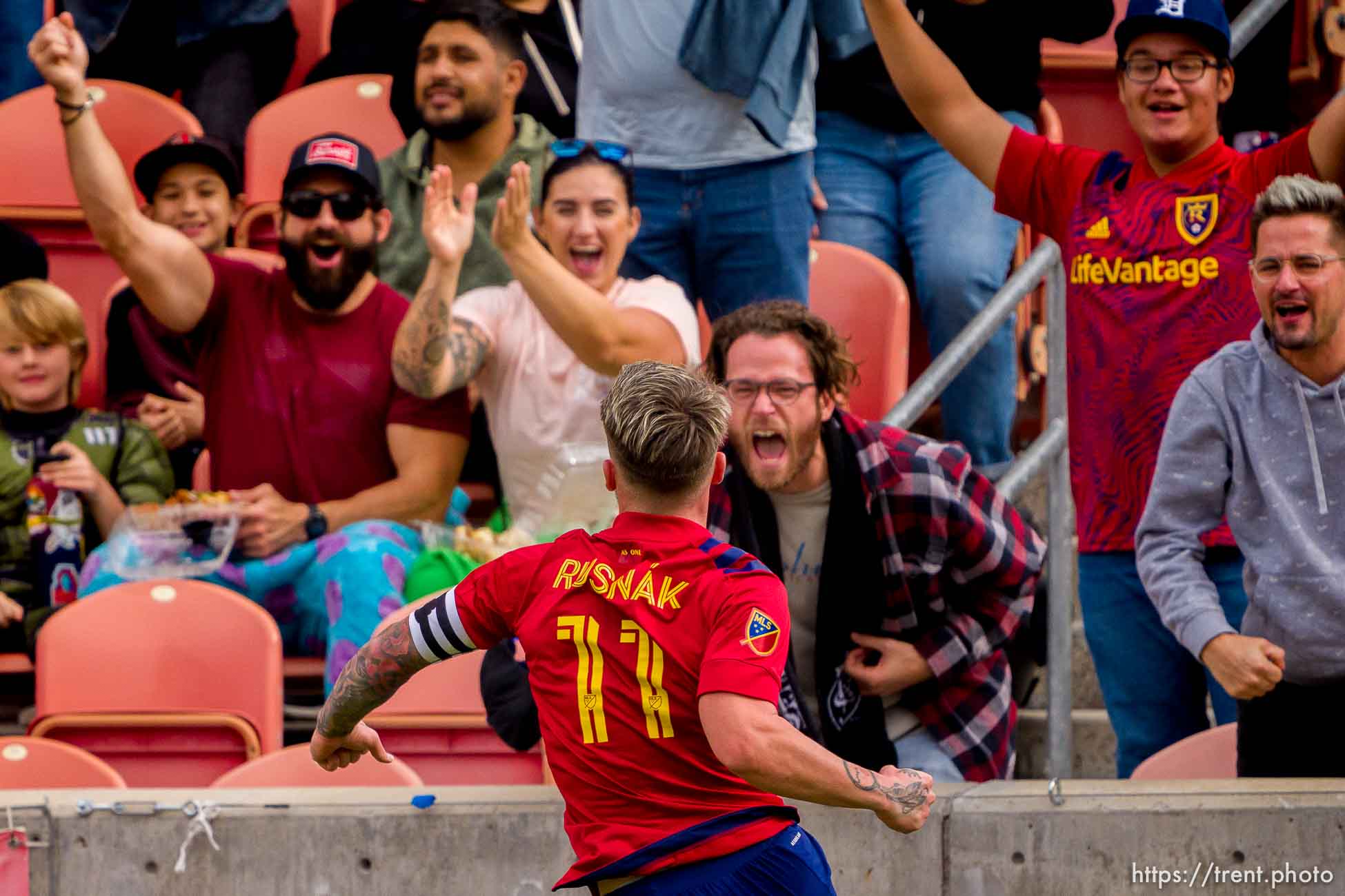 (Trent Nelson  |  The Salt Lake Tribune) Real Salt Lake midfielder Albert Rusnak (11) celebrates a goal as Real Salt Lake hosts San Jose Earthquakes, MLS Soccer in Sandy on Saturday, Oct. 30, 2021.