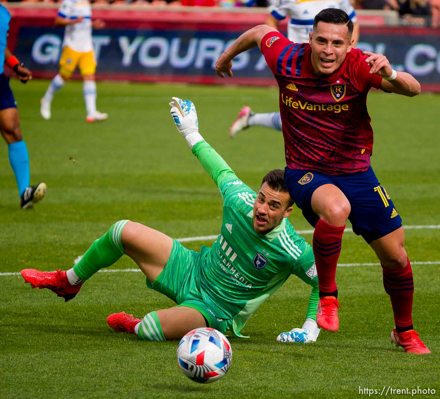 (Trent Nelson  |  The Salt Lake Tribune) Real Salt Lake forward Rubio Rubin (14) leaps over San Jose Earthquakes goalkeeper JT Marcinkowski (1) as Real Salt Lake hosts San Jose Earthquakes, MLS Soccer in Sandy on Saturday, Oct. 30, 2021.