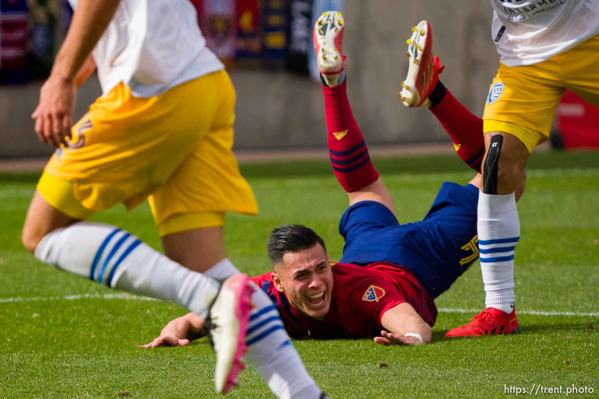 (Trent Nelson  |  The Salt Lake Tribune) Real Salt Lake forward Rubio Rubin (14) hits the ground as Real Salt Lake hosts San Jose Earthquakes, MLS Soccer in Sandy on Saturday, Oct. 30, 2021.