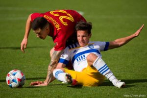 (Trent Nelson  |  The Salt Lake Tribune) Real Salt Lake defender Aaron Herrera (22) and San Jose Earthquakes midfielder Carlos Fierro (7) as Real Salt Lake hosts San Jose Earthquakes, MLS Soccer in Sandy on Saturday, Oct. 30, 2021.