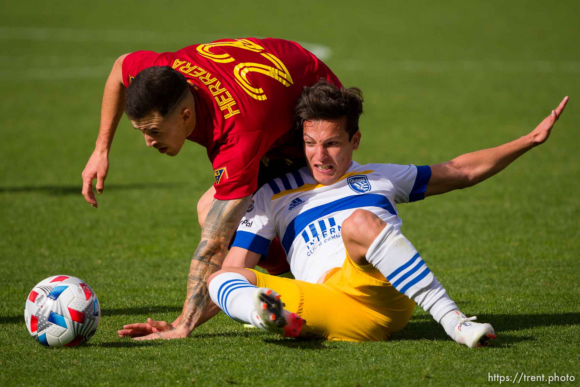 (Trent Nelson  |  The Salt Lake Tribune) Real Salt Lake defender Aaron Herrera (22) and San Jose Earthquakes midfielder Carlos Fierro (7) as Real Salt Lake hosts San Jose Earthquakes, MLS Soccer in Sandy on Saturday, Oct. 30, 2021.