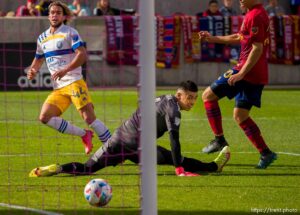 (Trent Nelson  |  The Salt Lake Tribune) Real Salt Lake goalkeeper David Ochoa (1) looks back to see a shot by San Jose Earthquakes forward Cade Cowell (44) fly into the goal as Real Salt Lake hosts San Jose Earthquakes, MLS Soccer in Sandy on Saturday, Oct. 30, 2021.