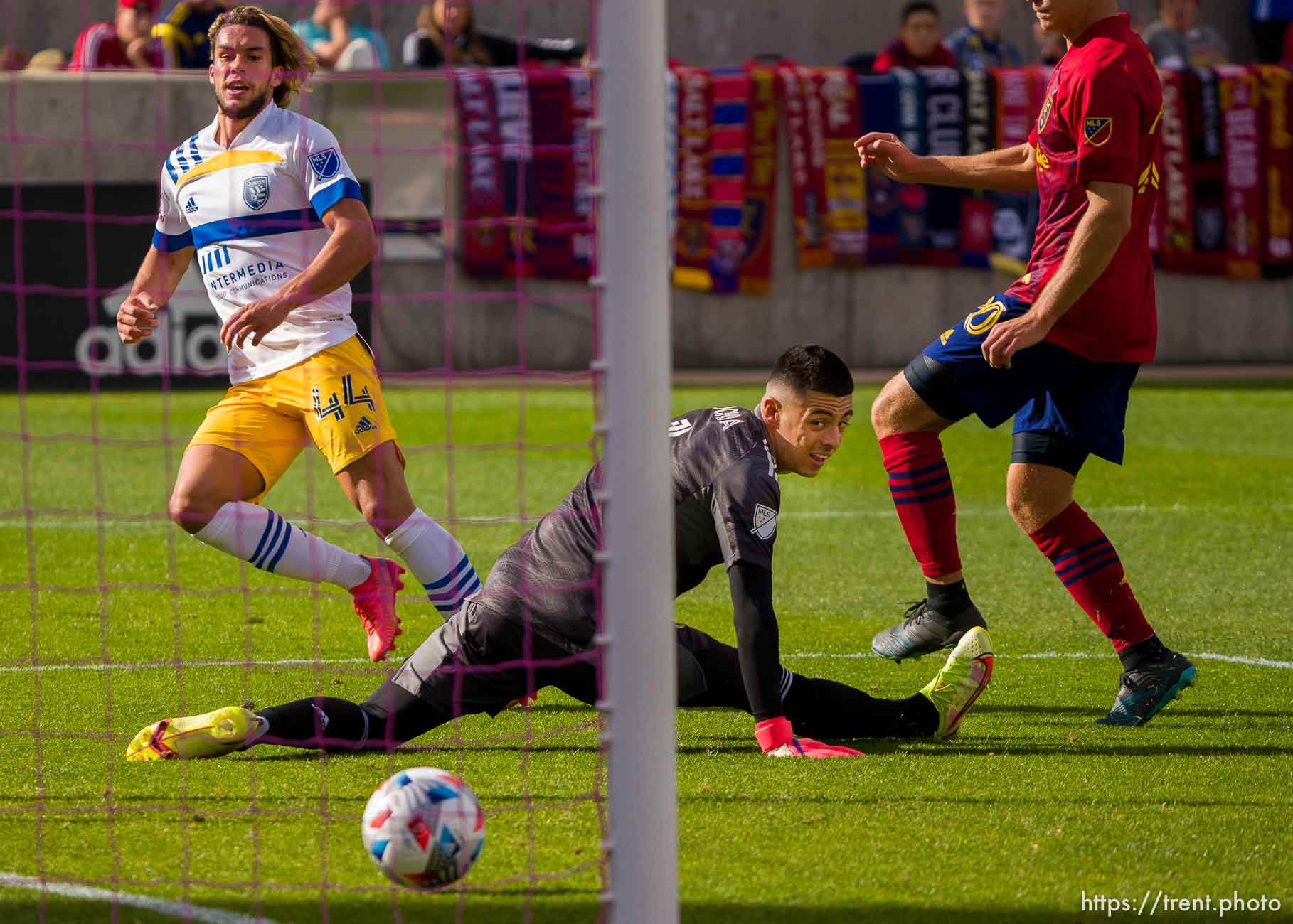 (Trent Nelson  |  The Salt Lake Tribune) Real Salt Lake goalkeeper David Ochoa (1) looks back to see a shot by San Jose Earthquakes forward Cade Cowell (44) fly into the goal as Real Salt Lake hosts San Jose Earthquakes, MLS Soccer in Sandy on Saturday, Oct. 30, 2021.