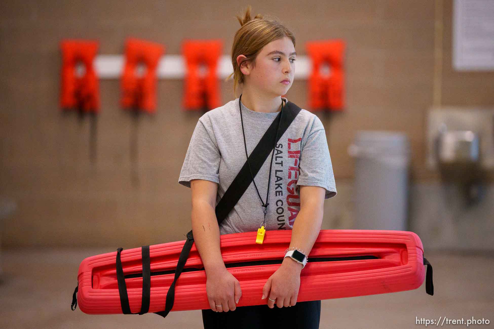 (Trent Nelson  |  The Salt Lake Tribune) Lifeguard Alexa Anderton at the pool at the South Jordan Fitness & Aquatics Center on Wednesday, Nov. 3, 2021.