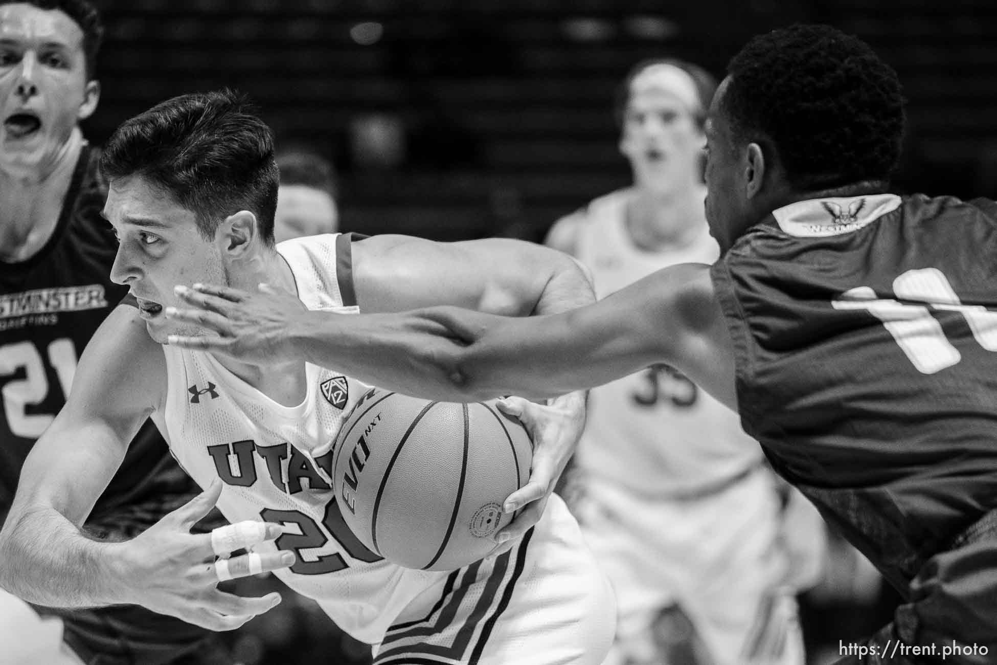 (Trent Nelson  |  The Salt Lake Tribune) Utah Utes guard Lazar Stefanovic (20) as the Utah Utes host the Westminster Griffins, NCAA basketball in Salt Lake City on Thursday, Nov. 4, 2021.