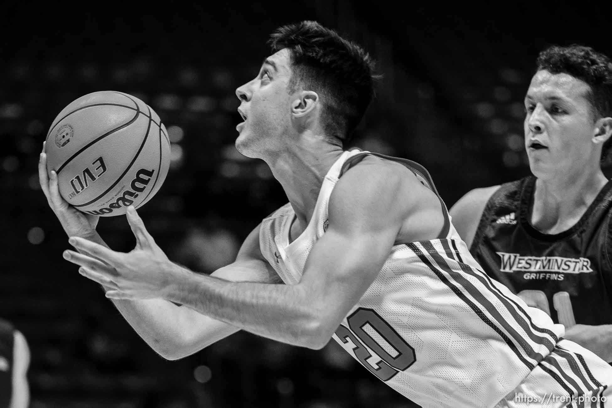 (Trent Nelson  |  The Salt Lake Tribune) Utah Utes guard Lazar Stefanovic (20) as the Utah Utes host the Westminster Griffins, NCAA basketball in Salt Lake City on Thursday, Nov. 4, 2021.