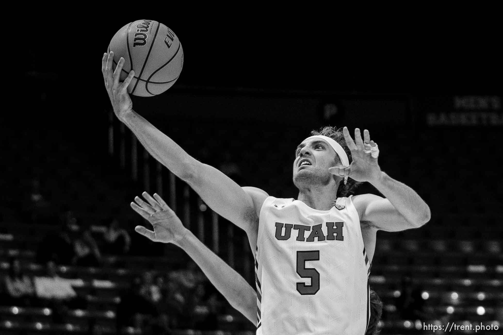 (Trent Nelson  |  The Salt Lake Tribune) Utah Utes guard Jaxon Brenchley (5) scores as the Utah Utes host the Westminster Griffins, NCAA basketball in Salt Lake City on Thursday, Nov. 4, 2021.