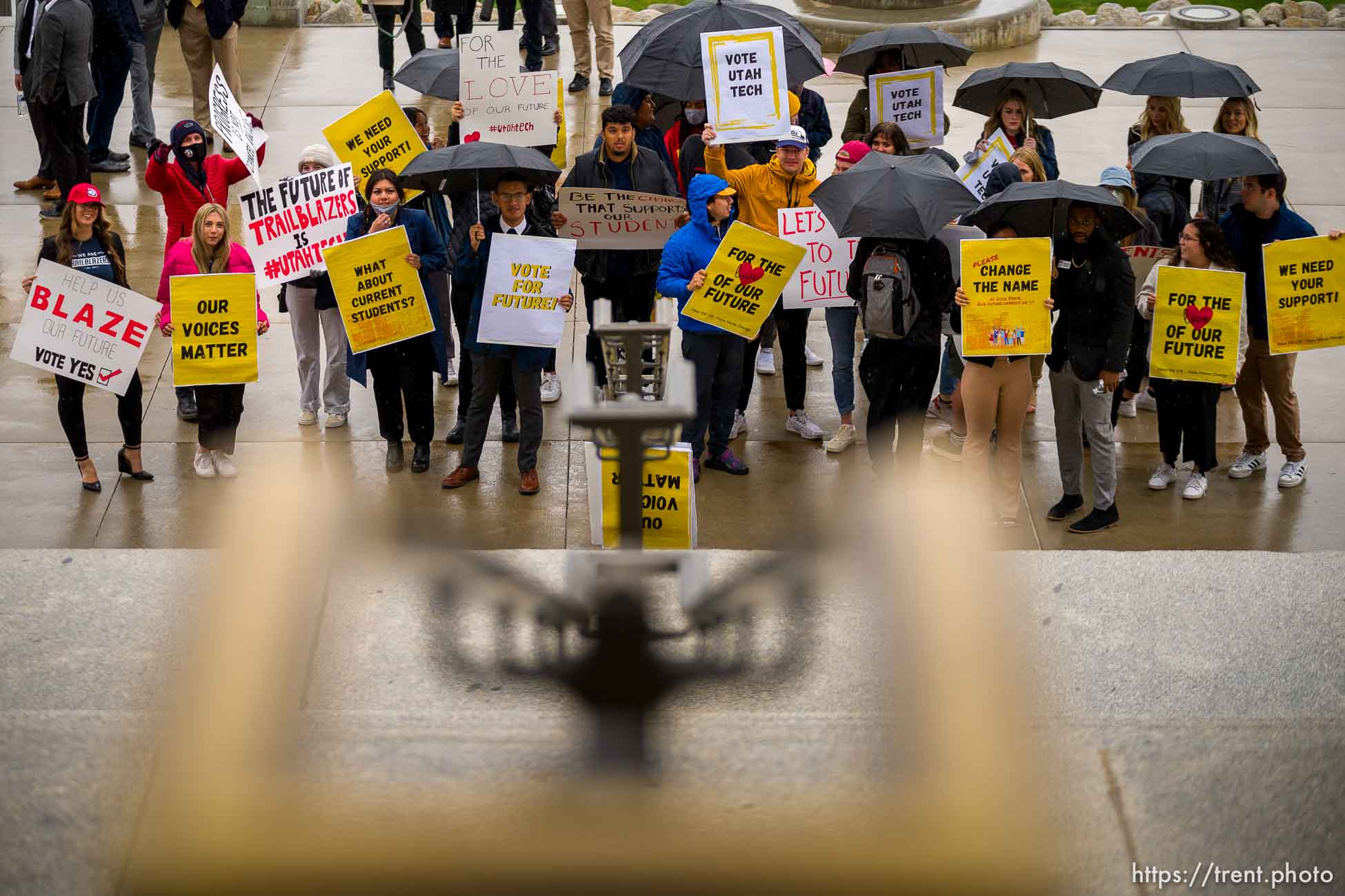 (Trent Nelson  |  The Salt Lake Tribune) Dixie State University students chant in support of changing their school's name at the State Capitol in Salt Lake City on Tuesday, Nov. 9, 2021. The Education Interim Committee of the Utah Legislature is expected to to address the possible name change during the current special session.