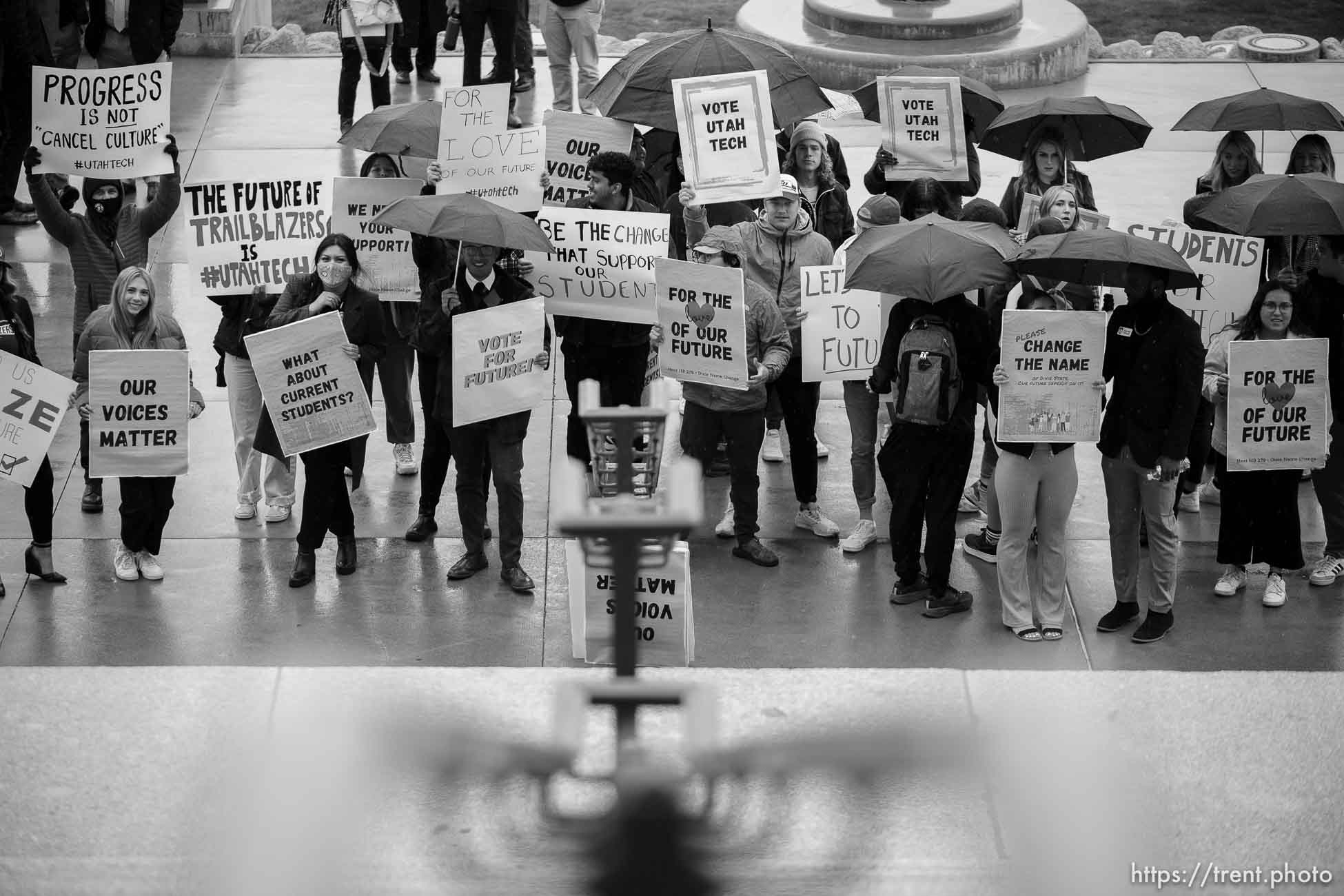 (Trent Nelson  |  The Salt Lake Tribune) Dixie State University students chant in support of changing their school's name at the State Capitol in Salt Lake City on Tuesday, Nov. 9, 2021. The Education Interim Committee of the Utah Legislature is expected to to address the possible name change during the current special session.