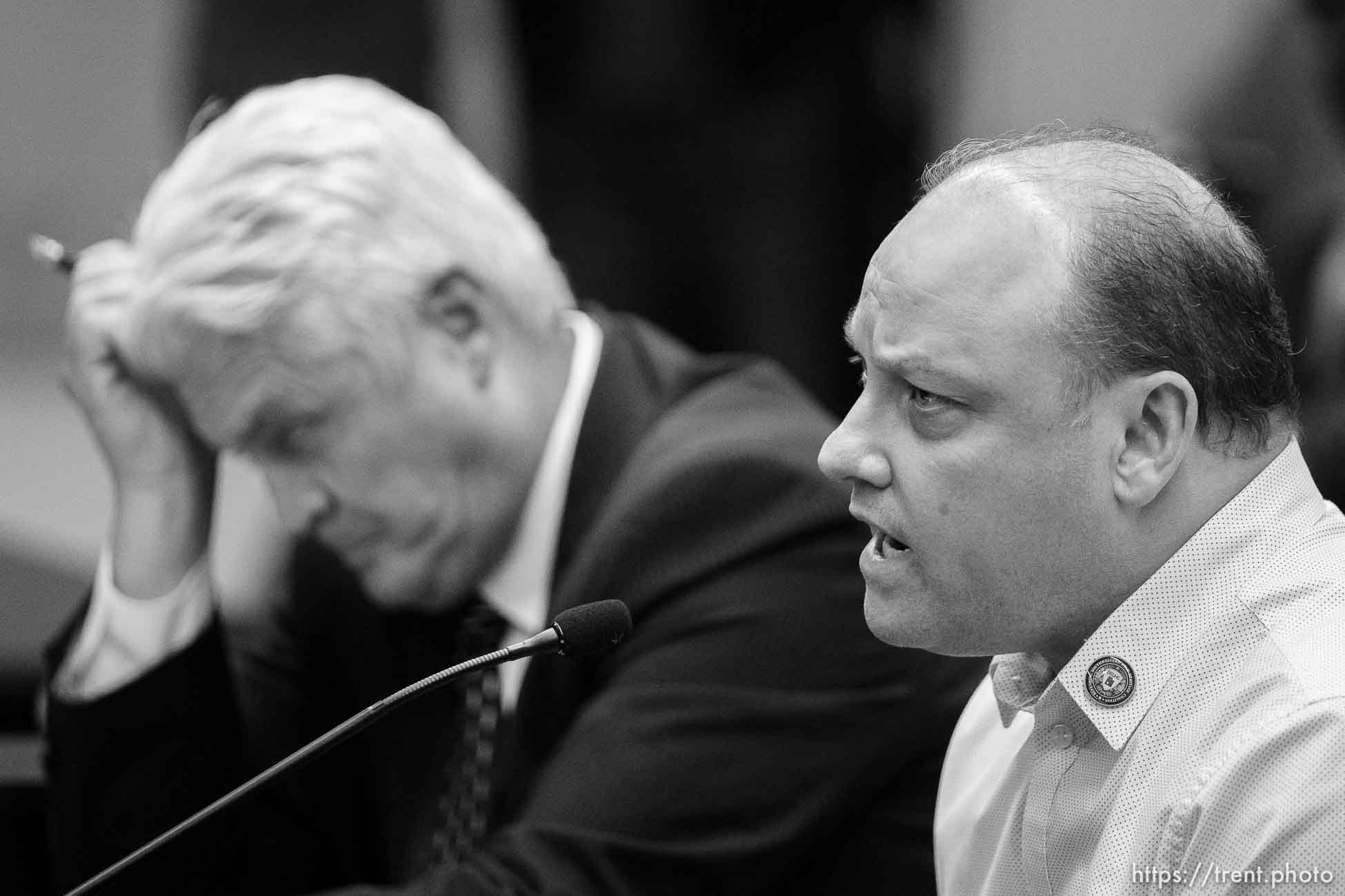 (Trent Nelson  |  The Salt Lake Tribune) Rep. Kelly Miles, R-Ogden, listens as Brad Bennett argues against changing the name of Dixie State University as the Education Interim Committee meets during a special legislative session in Salt Lake City on Tuesday, Nov. 9, 2021.