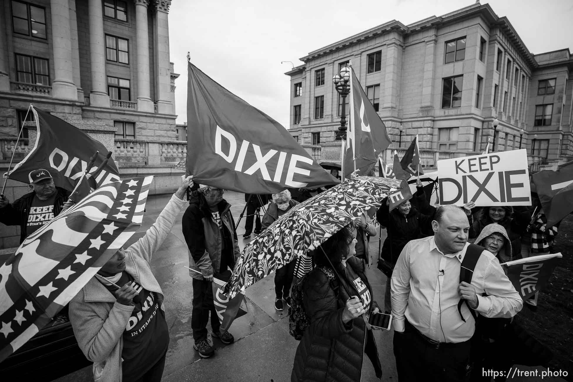 (Trent Nelson  |  The Salt Lake Tribune) Supporters of the name Dixie State University at the State Capitol in Salt Lake City on Tuesday, Nov. 9, 2021. The Education Interim Committee of the Utah Legislature is expected to to address the school's possible name change during the current special session.