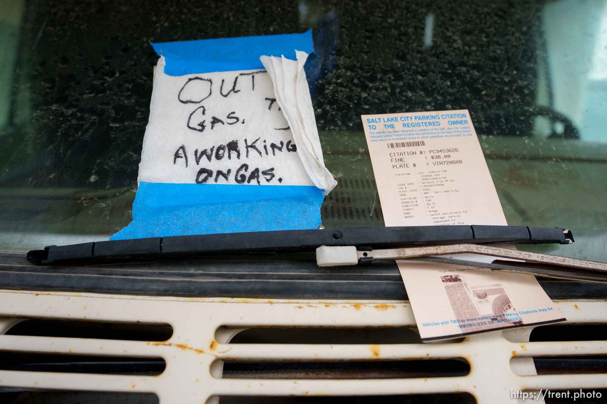 (Trent Nelson  |  The Salt Lake Tribune) A note and citation on an impounded RV parked at Stauffer's Towing & Recovery in Salt Lake City on Thursday, Nov. 11, 2021.