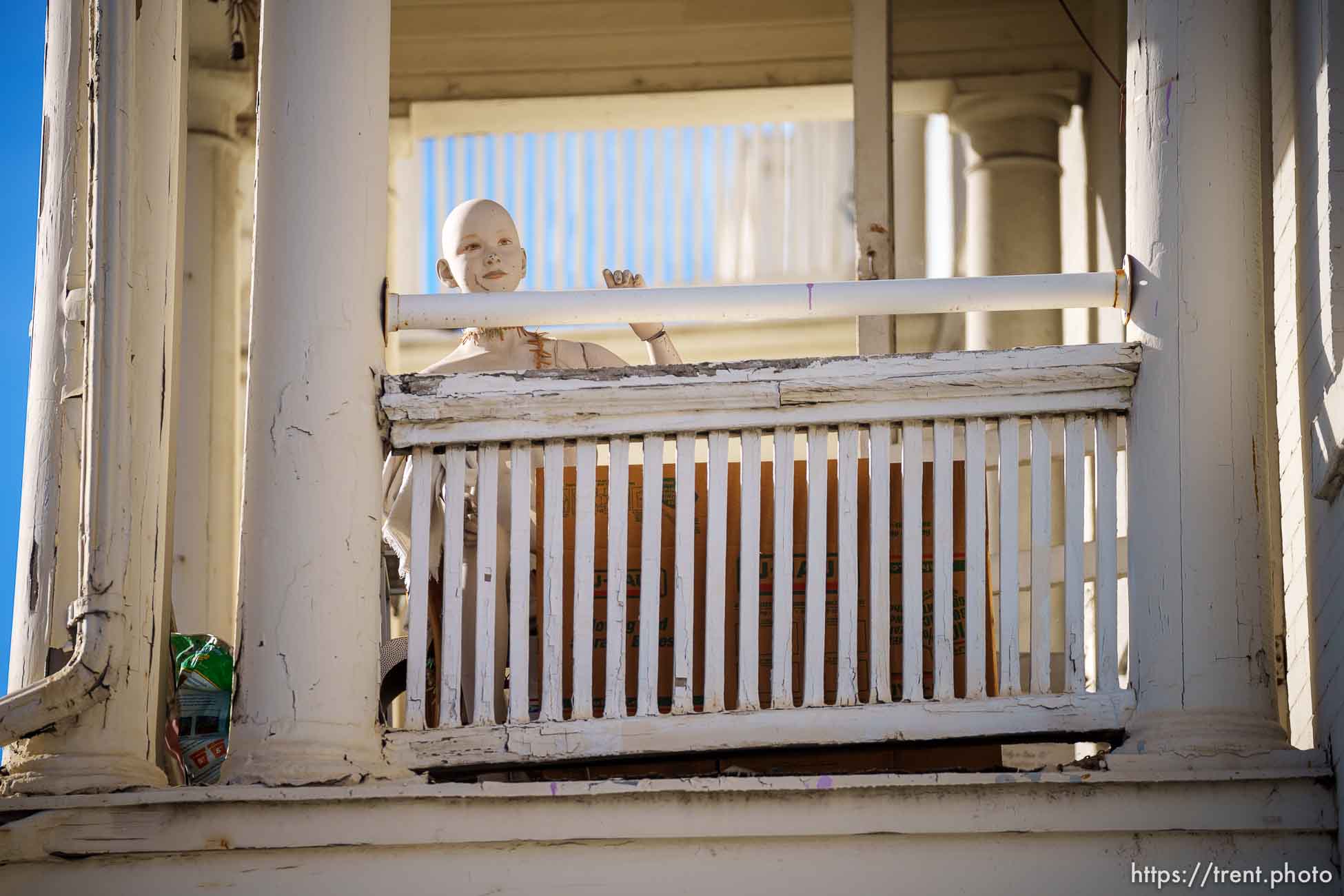 (Trent Nelson  |  The Salt Lake Tribune) LaFrance Apartments in Salt Lake City on Friday, Nov. 12, 2021. The property is now emptied of its residents and fenced off for demolition. This cluster of about 60 white row houses and walk-up apartments just east of the Greek Orthodox Cathedral has been an enclave of affordable housing for years.