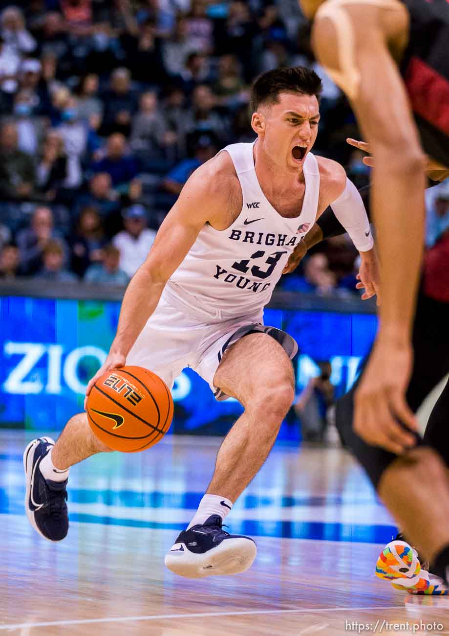 (Trent Nelson  |  The Salt Lake Tribune) Brigham Young Cougars guard Alex Barcello (13) as BYU hosts San Diego State, NCAA basketball in Provo on Friday, Nov. 12, 2021.