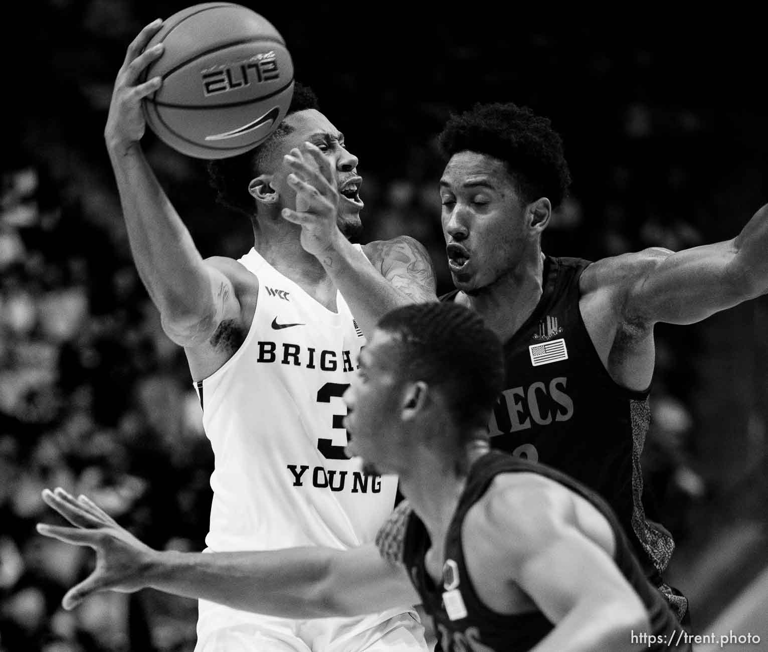 (Trent Nelson  |  The Salt Lake Tribune) Brigham Young Cougars guard Te'Jon Lucas (3) passes the ball as BYU hosts San Diego State, NCAA basketball in Provo on Friday, Nov. 12, 2021.