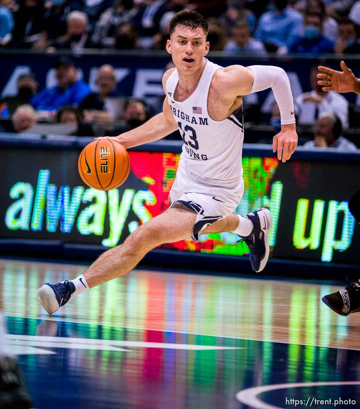 (Trent Nelson  |  The Salt Lake Tribune) Brigham Young Cougars guard Alex Barcello (13) as BYU hosts San Diego State, NCAA basketball in Provo on Friday, Nov. 12, 2021.