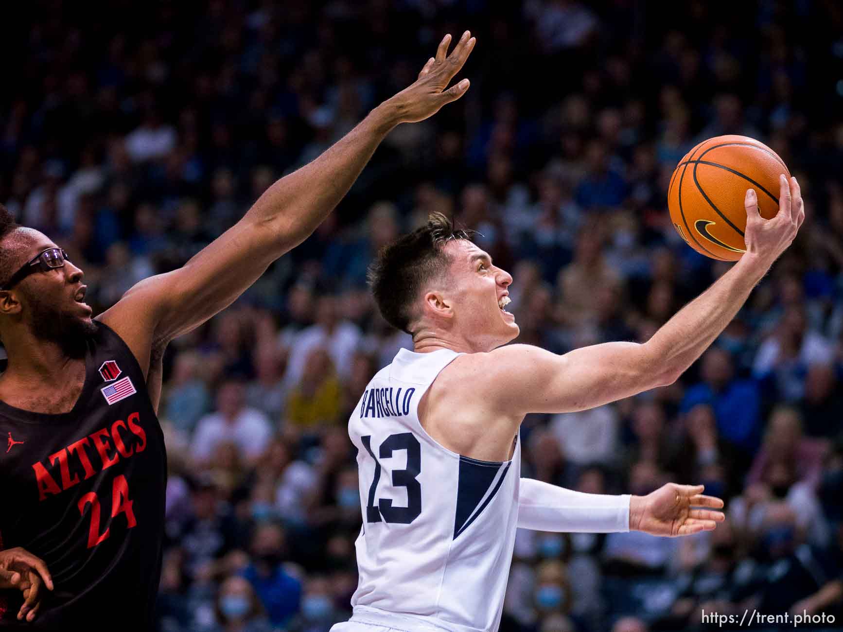 (Trent Nelson  |  The Salt Lake Tribune) Brigham Young Cougars guard Alex Barcello (13) as BYU hosts San Diego State, NCAA basketball in Provo on Friday, Nov. 12, 2021.