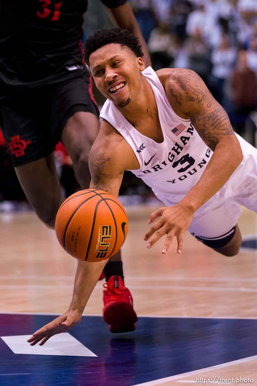 (Trent Nelson  |  The Salt Lake Tribune) Brigham Young Cougars guard Te'Jon Lucas (3) as BYU hosts San Diego State, NCAA basketball in Provo on Friday, Nov. 12, 2021.