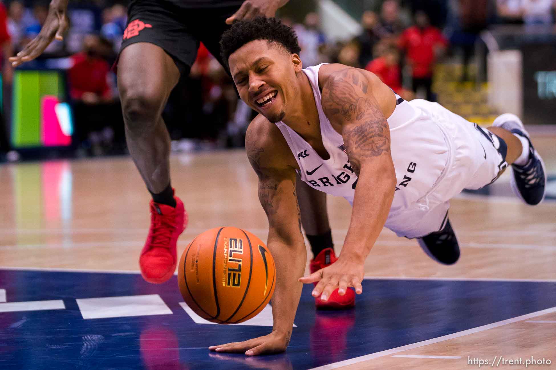 (Trent Nelson  |  The Salt Lake Tribune) Brigham Young Cougars guard Te'Jon Lucas (3) as BYU hosts San Diego State, NCAA basketball in Provo on Friday, Nov. 12, 2021.