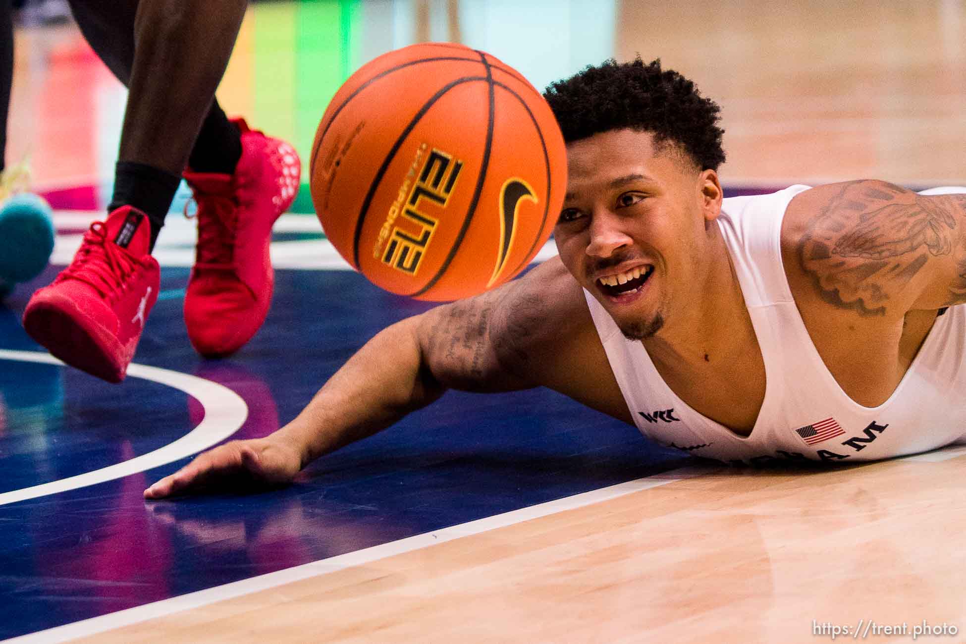 (Trent Nelson  |  The Salt Lake Tribune) Brigham Young Cougars guard Te'Jon Lucas (3) as BYU hosts San Diego State, NCAA basketball in Provo on Friday, Nov. 12, 2021.