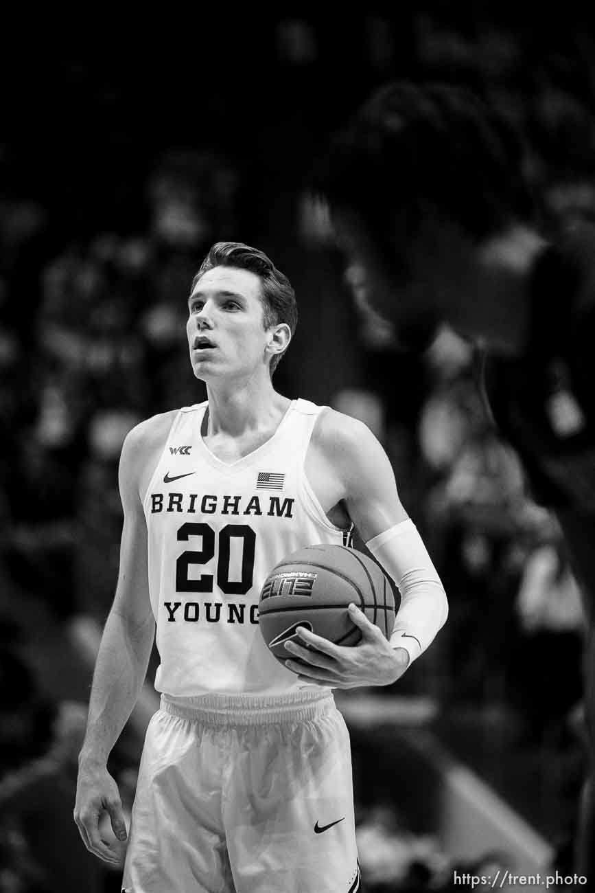 (Trent Nelson  |  The Salt Lake Tribune) Brigham Young Cougars guard Spencer Johnson (20) as BYU hosts San Diego State, NCAA basketball in Provo on Friday, Nov. 12, 2021.