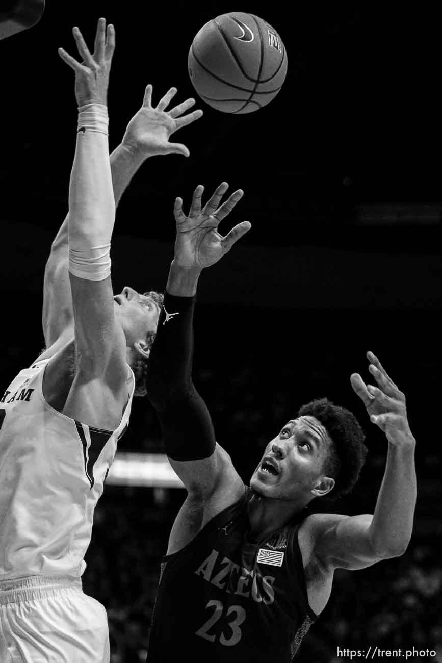 (Trent Nelson  |  The Salt Lake Tribune) Brigham Young Cougars forward Caleb Lohner (33) San Diego State Aztecs forward Joshua Tomaic (23) as BYU hosts San Diego State, NCAA basketball in Provo on Friday, Nov. 12, 2021.