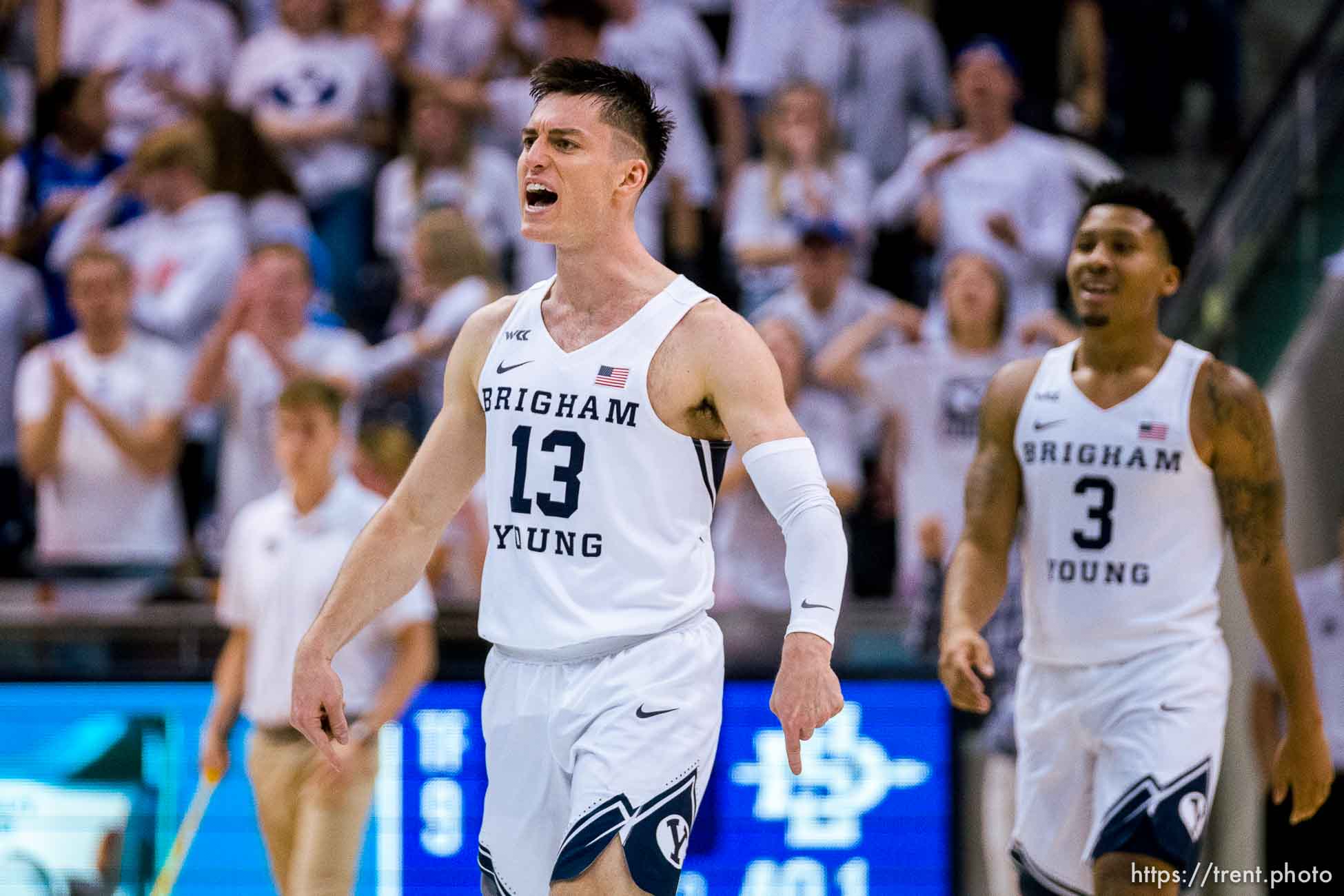 (Trent Nelson  |  The Salt Lake Tribune) Brigham Young Cougars guard Alex Barcello (13) celebrates a lead in the final minute as BYU hosts San Diego State, NCAA basketball in Provo on Friday, Nov. 12, 2021.