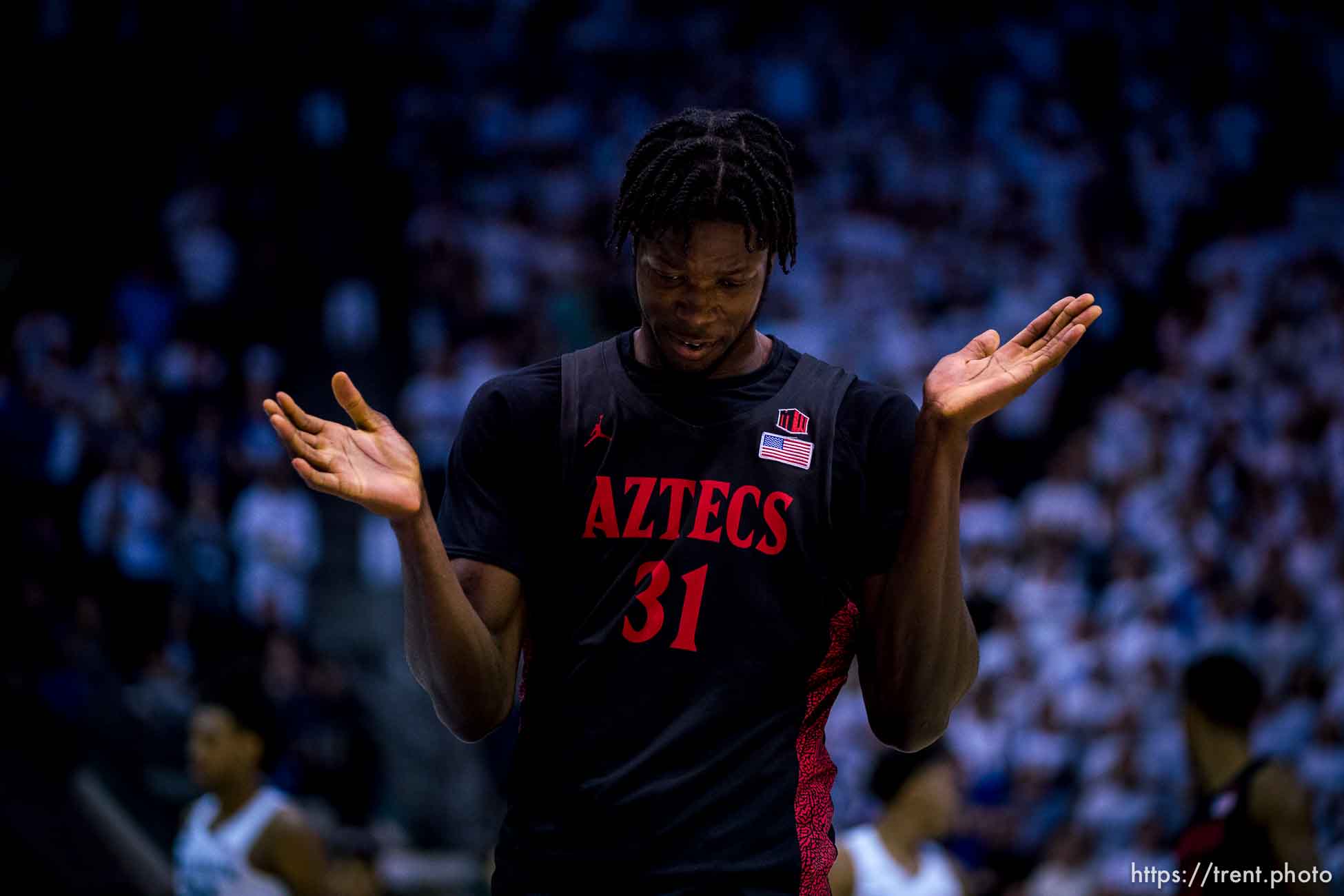 (Trent Nelson  |  The Salt Lake Tribune) San Diego State Aztecs forward Nathan Mensah (31), frustrated in the final minute, as BYU hosts San Diego State, NCAA basketball in Provo on Friday, Nov. 12, 2021.