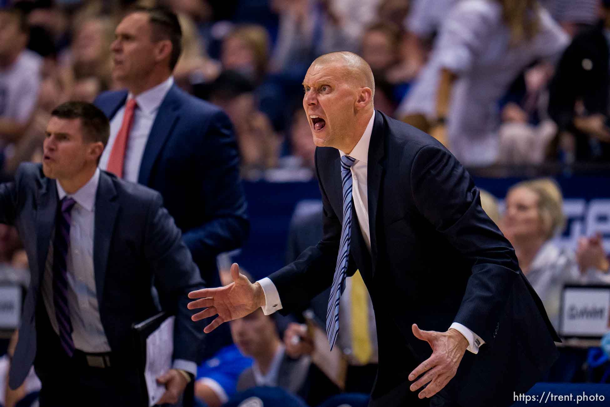 (Trent Nelson  |  The Salt Lake Tribune) BYU coach Mark Pope as BYU hosts San Diego State, NCAA basketball in Provo on Friday, Nov. 12, 2021.