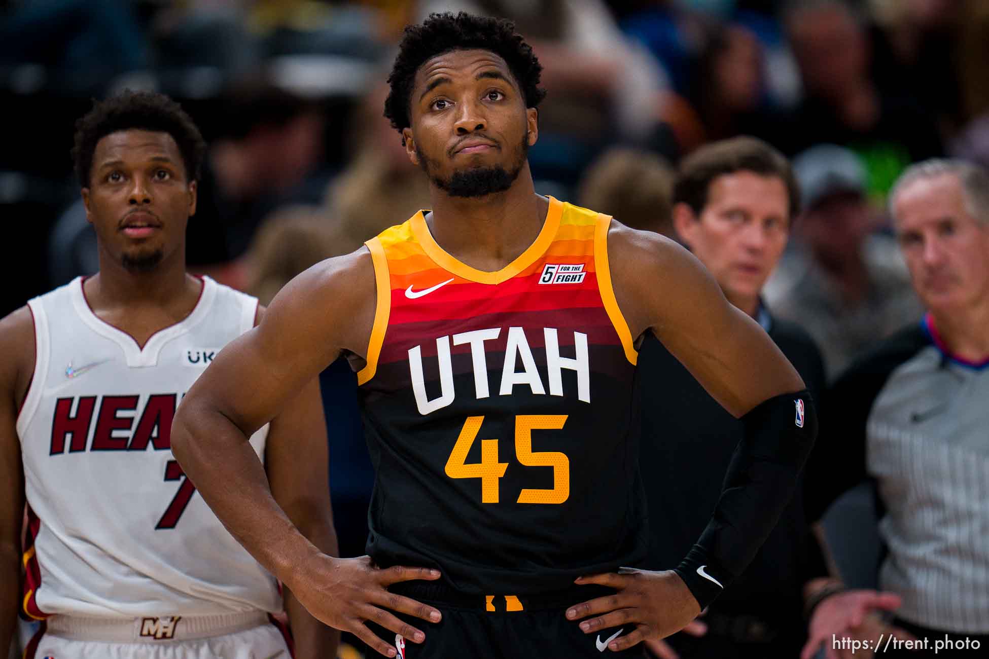 (Trent Nelson  |  The Salt Lake Tribune) Utah Jazz guard Donovan Mitchell (45) reacts to a foul as the Utah Jazz host the Miami Heat, NBA basketball in Salt Lake City on Saturday, Nov. 13, 2021.