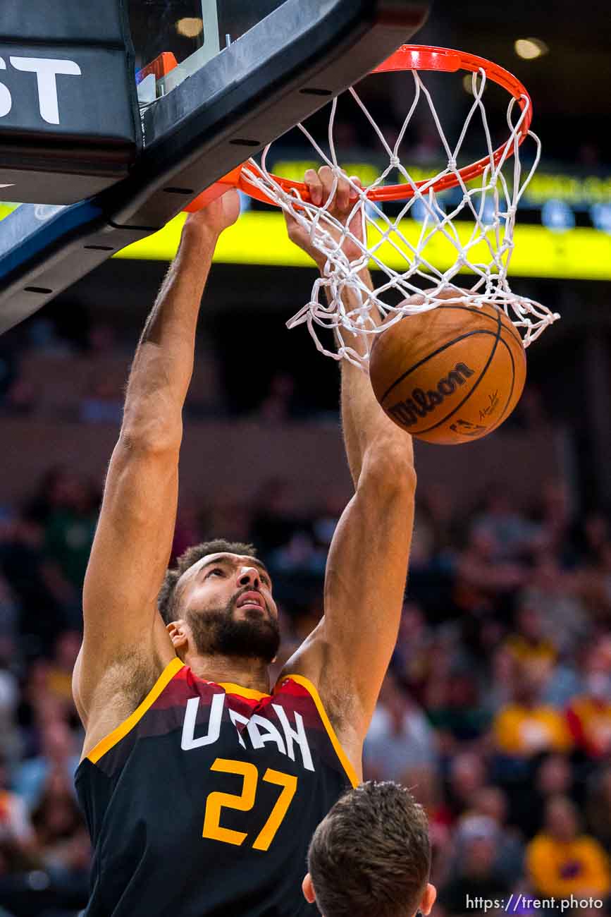 (Trent Nelson  |  The Salt Lake Tribune) Utah Jazz center Rudy Gobert (27) dunks the ball as the Utah Jazz host the Miami Heat, NBA basketball in Salt Lake City on Saturday, Nov. 13, 2021.