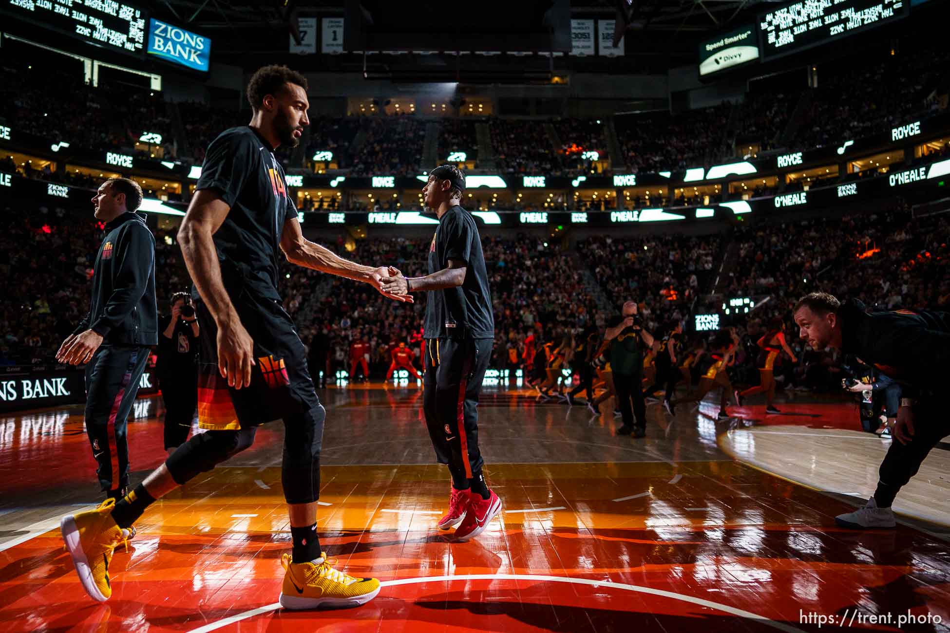 (Trent Nelson  |  The Salt Lake Tribune) Utah Jazz center Rudy Gobert (27) during player introductions as the Utah Jazz host the Miami Heat, NBA basketball in Salt Lake City on Saturday, Nov. 13, 2021.