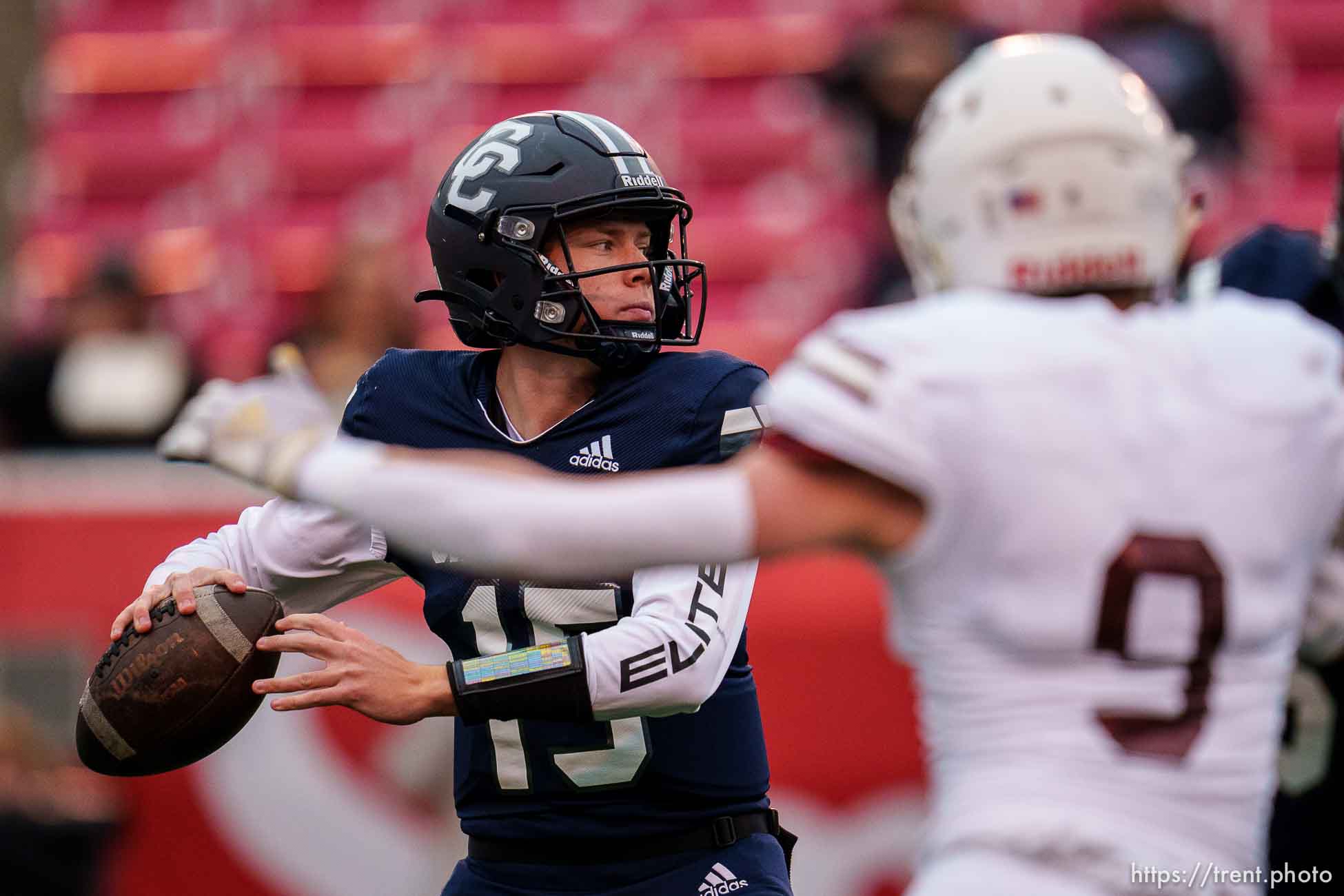 (Trent Nelson  |  The Salt Lake Tribune) Corner Canyon's Devin Brown (15) as Lone Peak faces Corner Canyon in the 6A high school football championship game in Salt Lake City on Friday, Nov. 19, 2021.