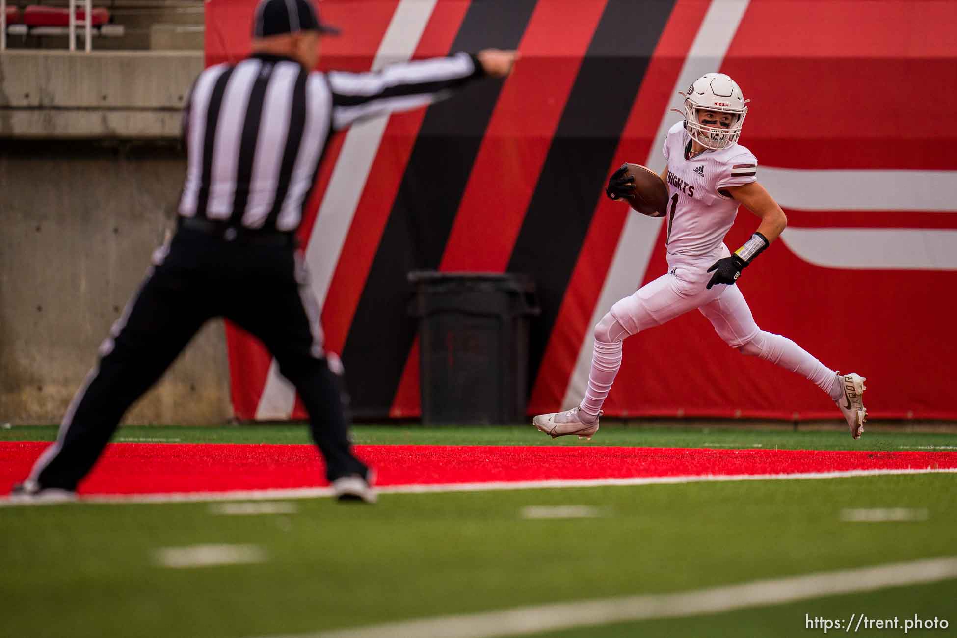 (Trent Nelson  |  The Salt Lake Tribune) Lone Peak's Cole Christensen (1) runs for a touchdown as Lone Peak faces Corner Canyon in the 6A high school football championship game in Salt Lake City on Friday, Nov. 19, 2021.