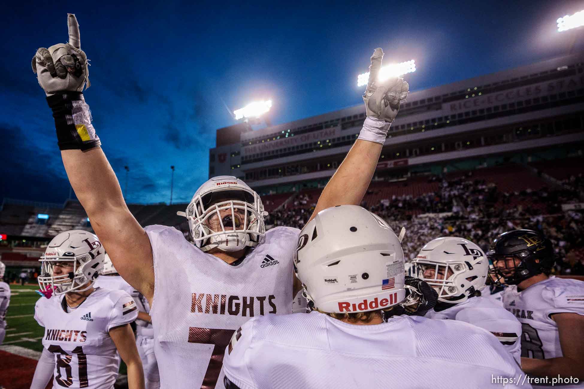 (Trent Nelson  |  The Salt Lake Tribune) Lone Peak's Joe Brown (79) points to the sky as Lone Peak celebrates their win over Corner Canyon in the 6A high school football championship game in Salt Lake City on Friday, Nov. 19, 2021.